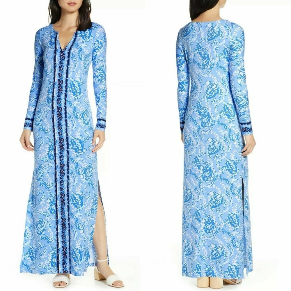 Lilly Pulitzer Blue Floral Long Sleeve Faye Maxi Dress